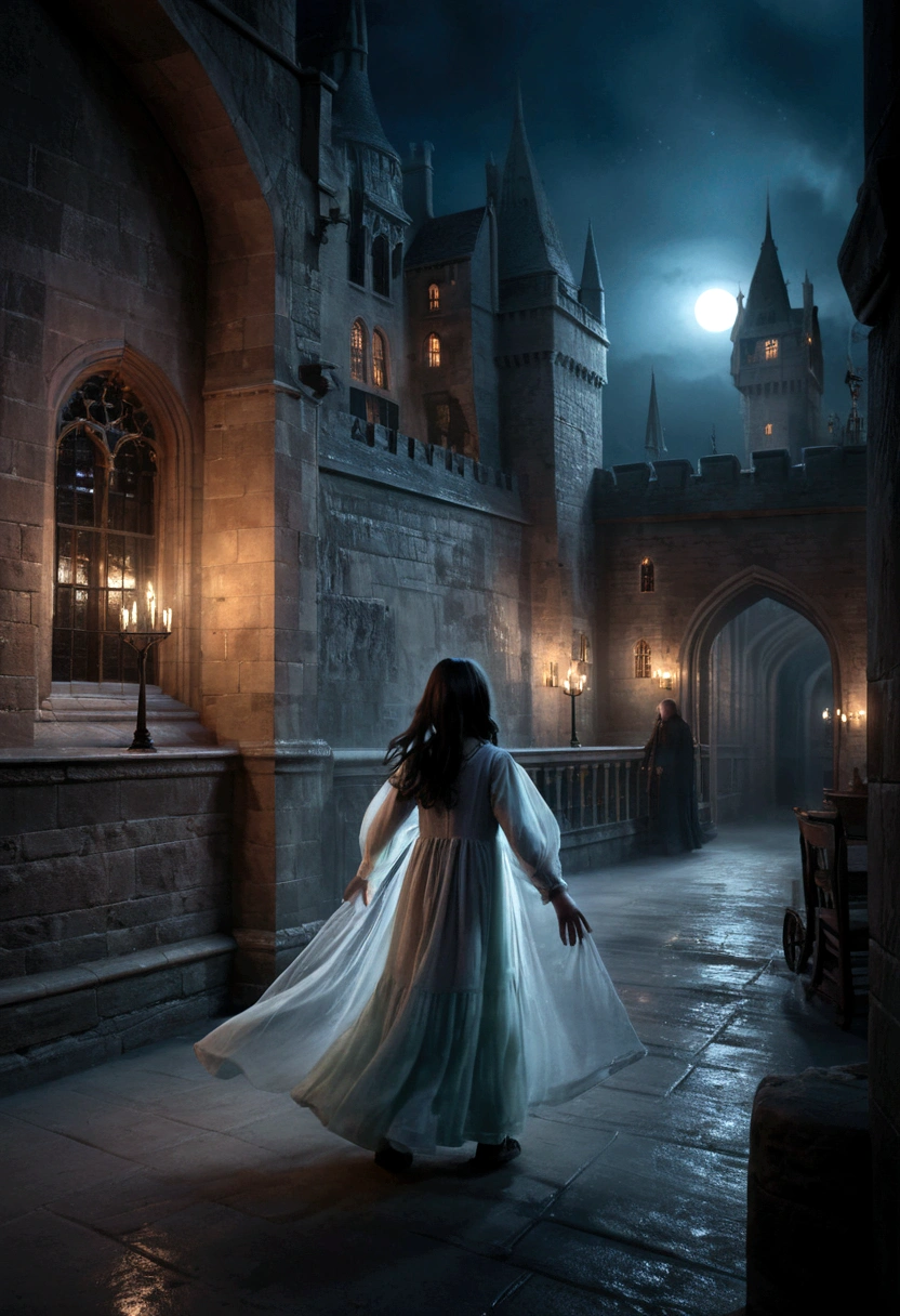 a young 9-year-old daughter of severus snape, a ghostly figure floating in the air wearing a transparent nightgown, in the hogwarts castle at night, detailed face, highly detailed, photorealistic, dramatic lighting, cinematic, moody, atmospheric, intricate details, chiaroscuro, beautiful colors, glowing, ethereal, magical