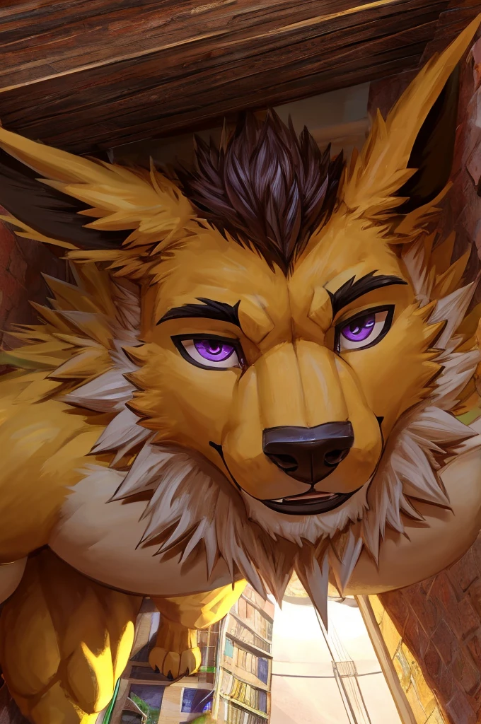 Giant Anthropomorphic Jolteon Pokemon man, Purple eyes, muscular, nude, holding the viewer, tired, handsome, charming, view from above, Daddy, Alone in pic, Macro, Bara, Horny, Open Maw, Vore, Headshot