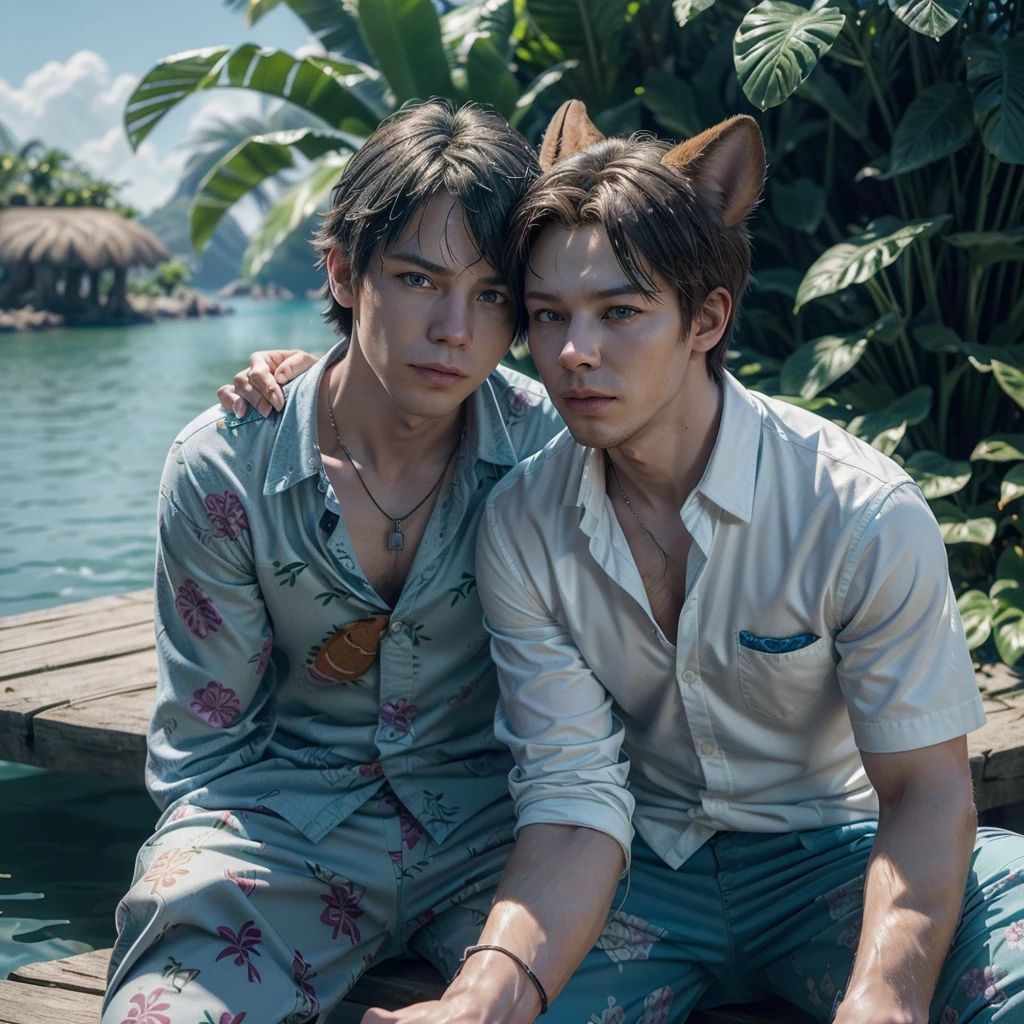 uploaded on e621, (por Homogeneousrule, por Wildering, por Foxovh, por Catcouch), Alone, (((nick wilde), neck lock, fluffy tail, Blue eyes)), ((three quarter portrait)), ((wear a blue hawaiian floral shirt with gray blue pants)), BREAK, ((sitting on island with plants and water on a sunny day, white boat, drink)), (detailed background, depth of field, half body shadow, sunlight, ambient light on the body), (intricate:0.7), (high detail:1.3), (unreal engine:1.3), (sharp focus:1.15), (explicit content, questionable content:0.9524), (Masterpiece, Best Quality, 4k, 2K, shading, absurd resolution)