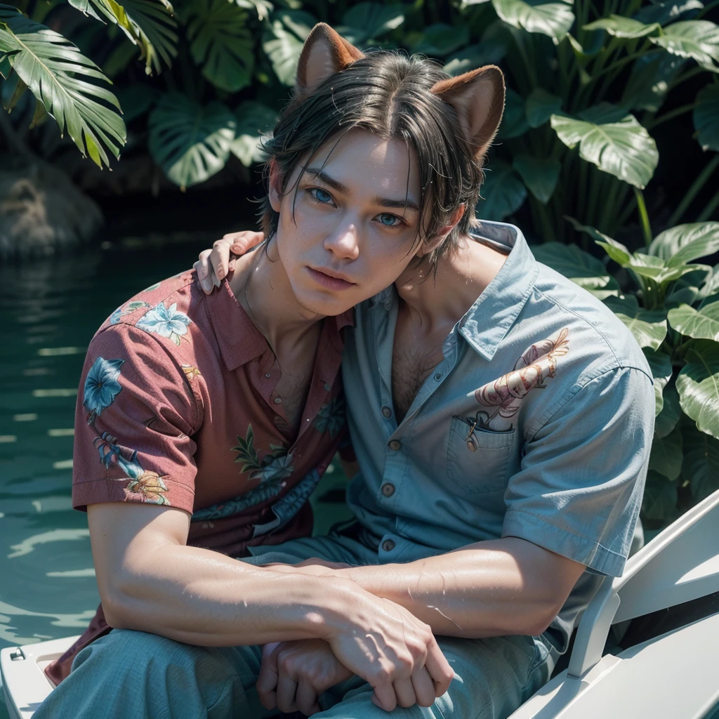 uploaded on e621, (por Homogeneousrule, por Wildering, por Foxovh, por Catcouch), Alone, (((nick wilde), neck lock, fluffy tail, Blue eyes)), ((three quarter portrait)), ((wear a blue hawaiian floral shirt with gray blue pants)), BREAK, ((sitting on island with plants and water on a sunny day, white boat, drink)), (detailed background, depth of field, half body shadow, sunlight, ambient light on the body), (intricate:0.7), (high detail:1.3), (unreal engine:1.3), (sharp focus:1.15), (explicit content, questionable content:0.9524), (Masterpiece, Best Quality, 4k, 2K, shading, absurd resolution)