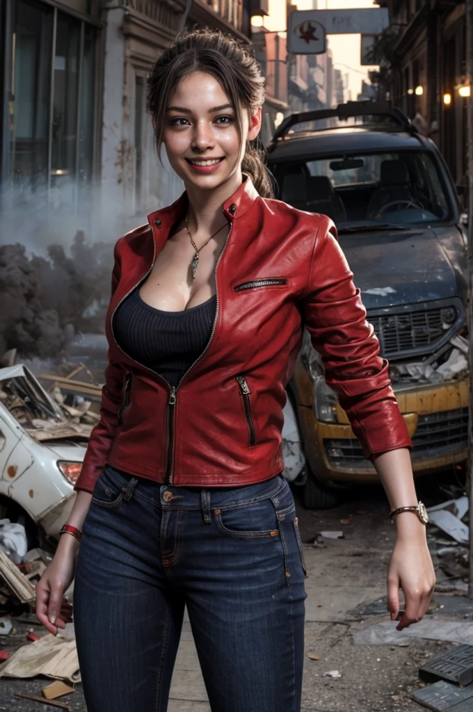 1girl, (realistic),(hyperrealism),(best quality),(masterpiece),(ultra high res),(photorealistic),idol,eye makeup,detailed eyes,detailed face,black dress, claireredfield2, brown hair, (red jacket:1.2), ponytail, (denim pants:1.3),, red wristband, grey inner bra,, abandoned street, burning cars in background, littered street, smoke, chaos, zombie apocalypse, daytime, sunny, full moon,, flirting, looking at viewer, smiling, closeup shot