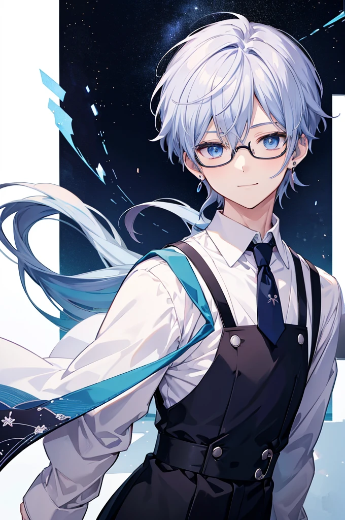 White background、Japan anime illustrations、Adult male、Anime Male、Indigo Hair、Blue eyes like the night sky、Men with gentle expressions、Wearing thin glasses、Small earrings、Black dress shirt、suspenderan standing and smiling、