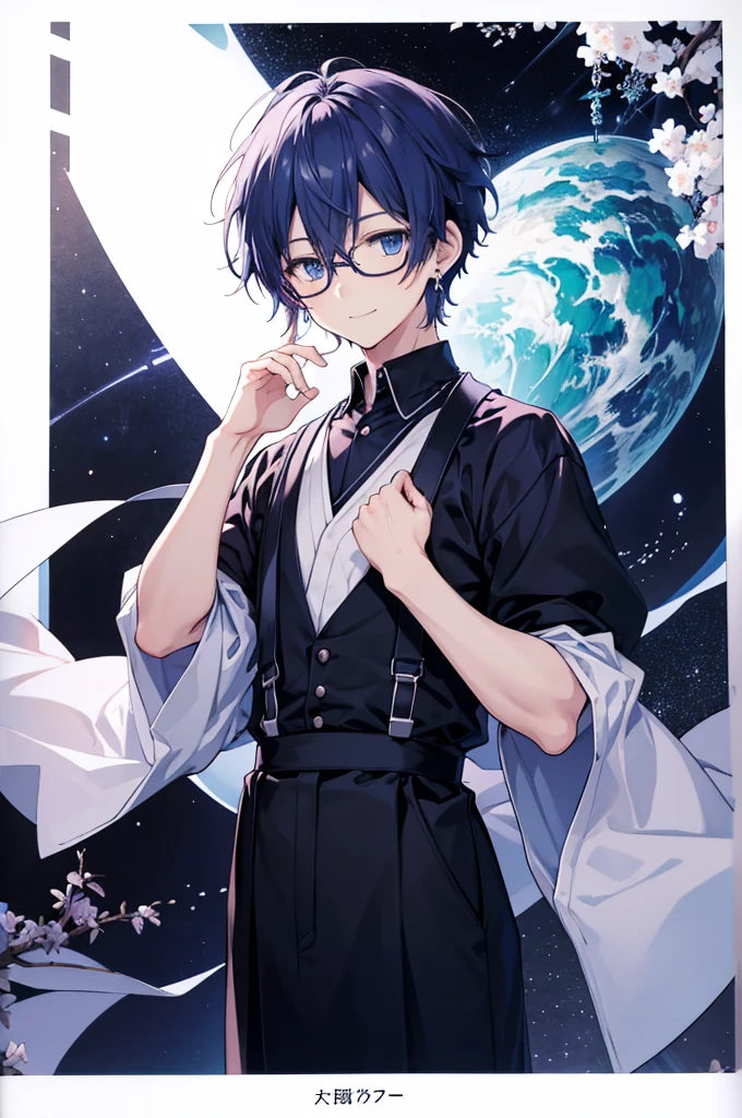 White background、Japan anime illustrations、Adult male、Anime Male、Indigo Hair、Blue eyes like the night sky、Men with gentle expressions、Wearing thin glasses、Small earrings、Black dress shirt、suspenderan standing and smiling、