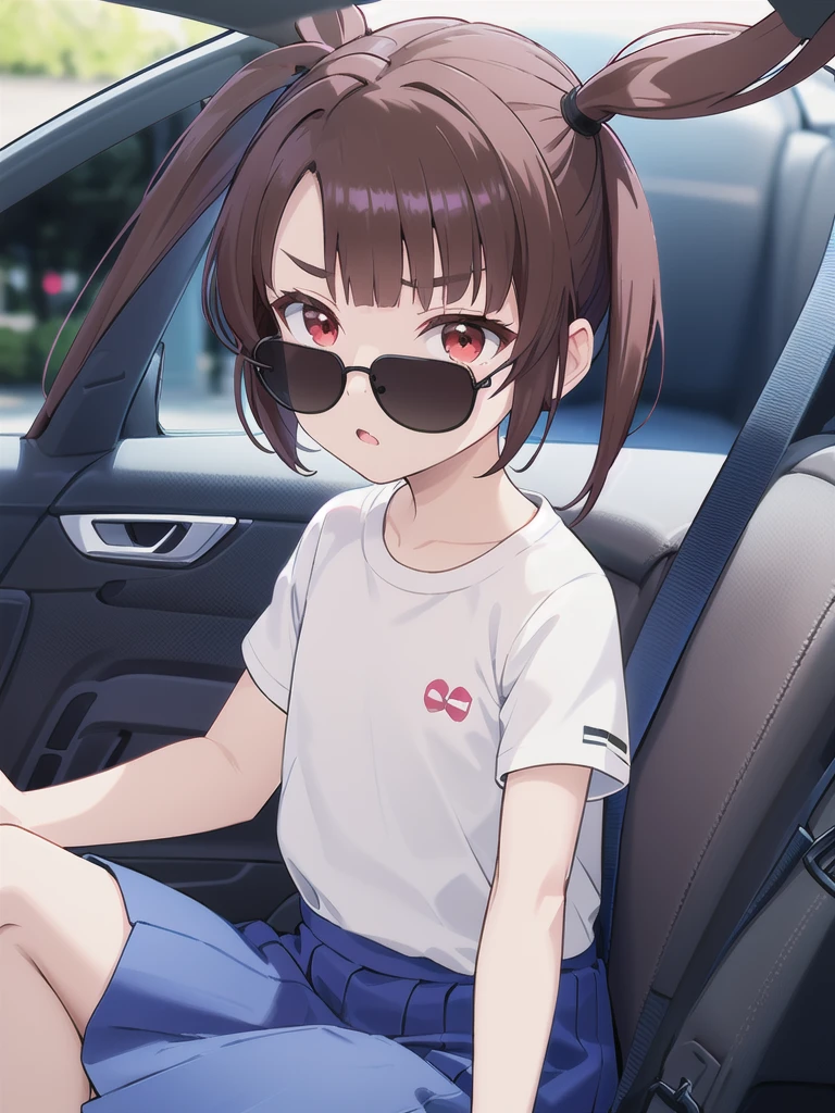 In the car,Convertible,Sitting,((Have a handle)),Looking Ahead,driving,1 Girl, 独奏, Red eyes,Wearing black sunglasses,Fluttering Hair, Twin tails, brown hair,crawling,((顔 focus)),upper body,White T-shirt,Blue Skirt, bangs, eyebrows visible through hair, Flat Chest,