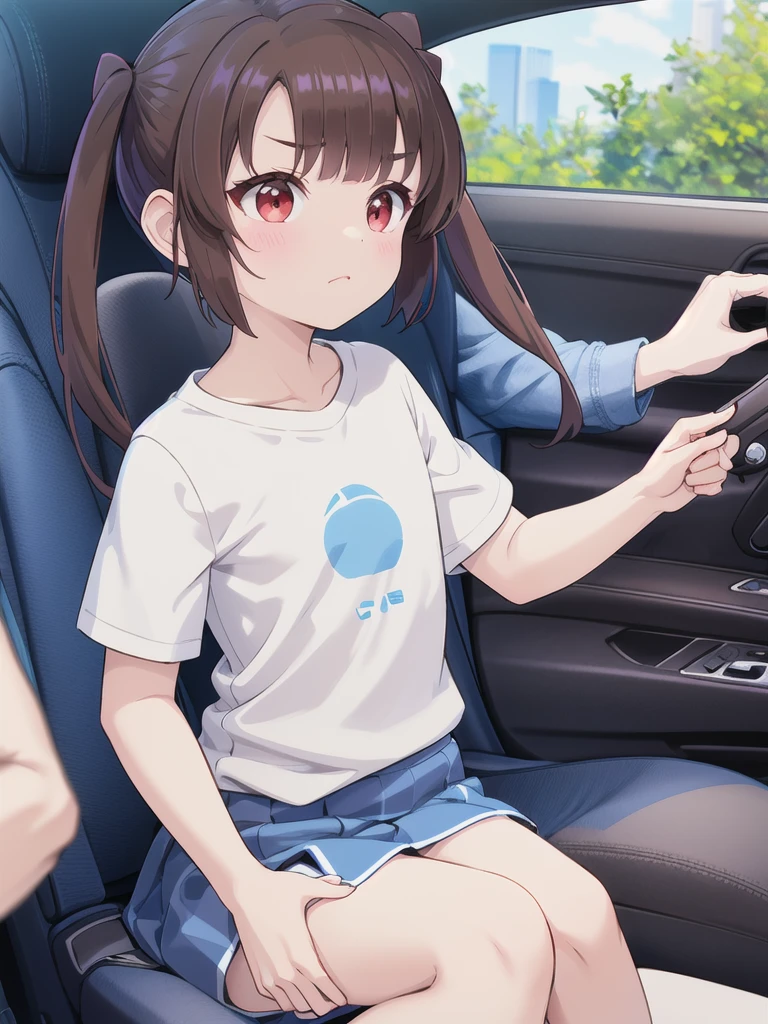 In the car,Convertible,Sitting,((Have a handle)),Looking Ahead,driving,1 Girl, 独奏, Red eyes,Wearing black sunglasses,Fluttering Hair, Twin tails, brown hair,crawling,((顔 focus)),upper body,White T-shirt,Blue Skirt, bangs, eyebrows visible through hair, Flat Chest, 
