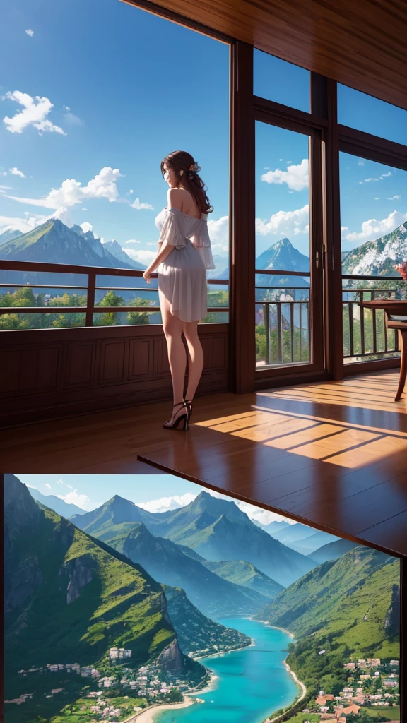 (masterpiece,Highest quality:8K) Affordable bedroom with mountain views and balcony, Beautiful views, A soothing and comfortable landscape, Detailed view, Instagram photos Nice views, beautifully、aesthetic, Beautiful nature in the background, Amazing scenery in the background, 8K Photorender Reality Engine, Beautiful views, Overlooking the valley, Nice views, beautiful place, paradise in the background 1One screen
