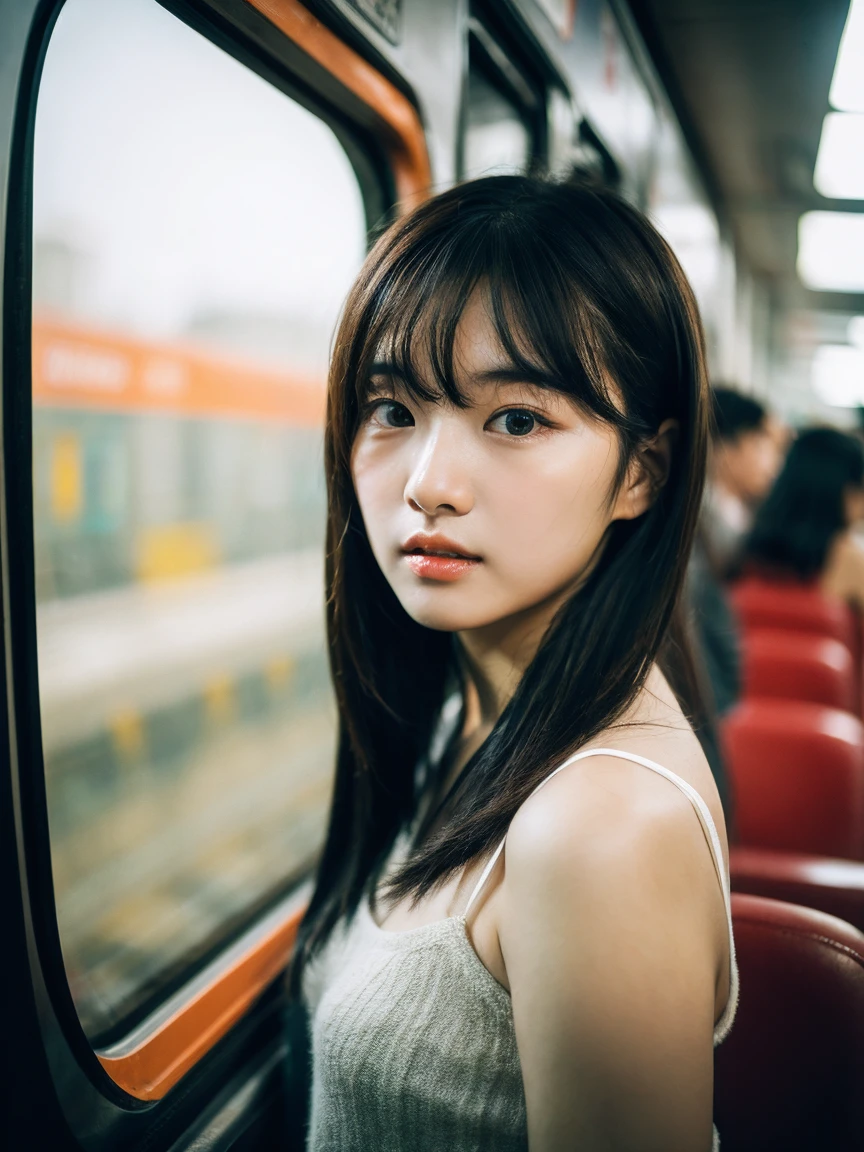 Cinematic Photo of a beautiful korean fashion model bokeh train, body facing camera