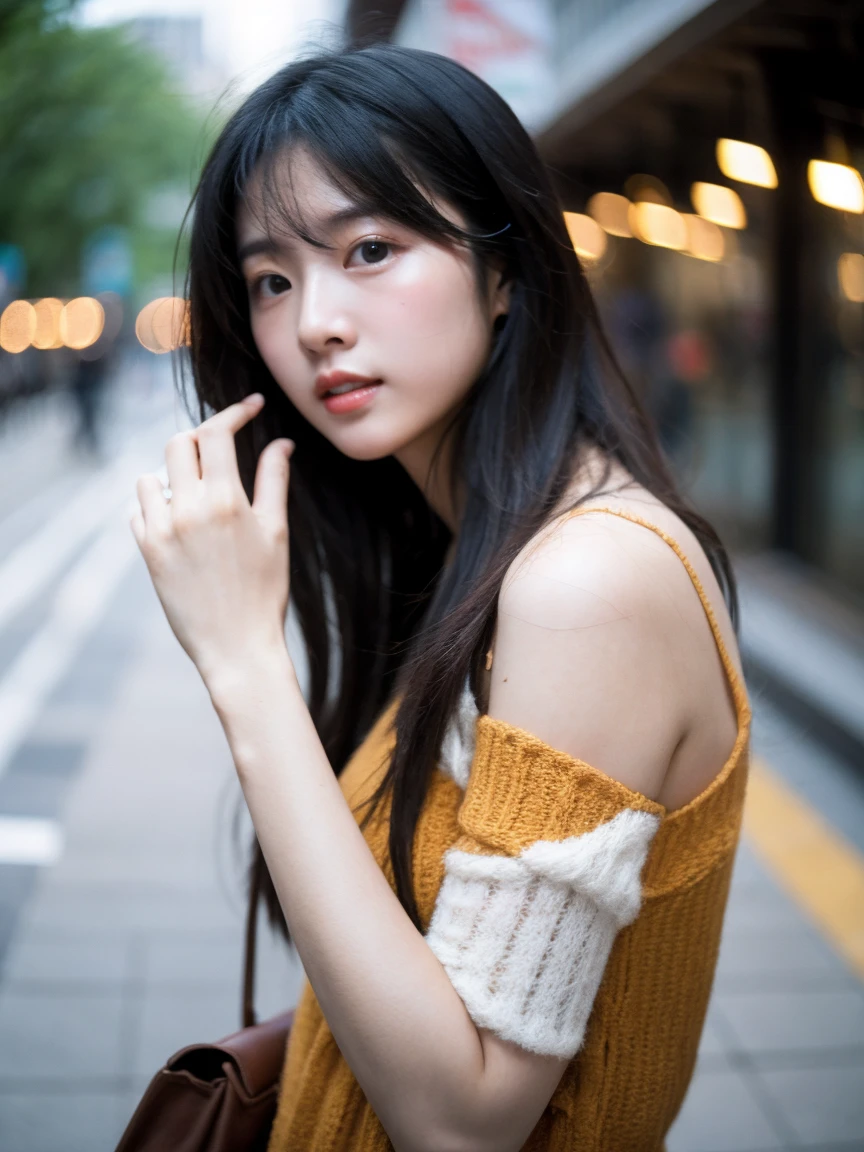 Cinematic Photo of a beautiful korean fashion model bokeh train, body facing camera