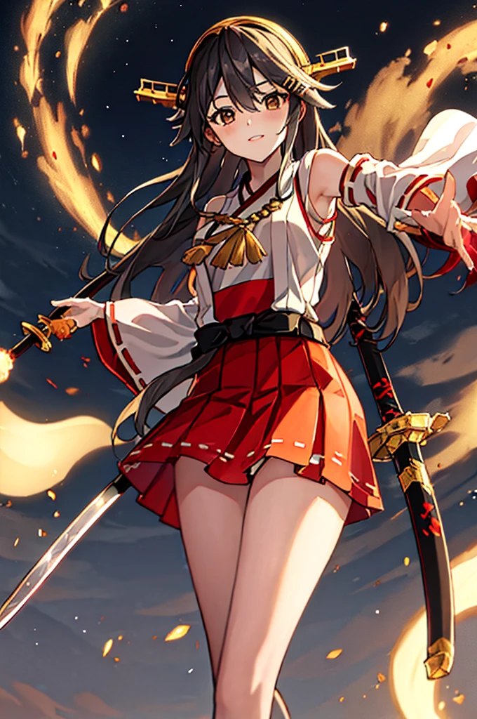 4K, (masterpiece), Highest quality, Fleet Collection,Haruna,Miko costume,Brandishing a Japanese sword,