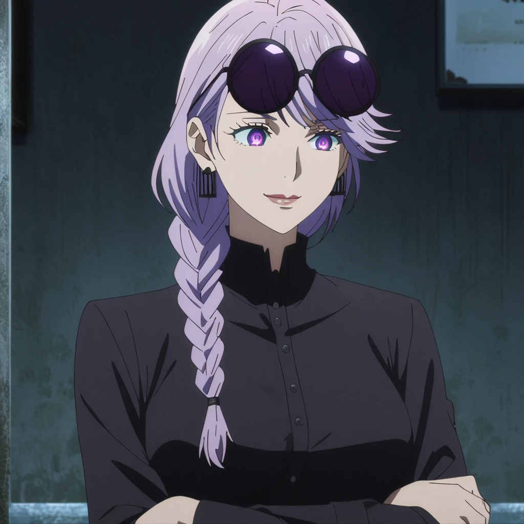 1girl, female gojo satoru, anime screencap from jujutsu kaisen, gojo satoru female version, solo, single braid, ((purple universal eyes)) ((purple_hair)), night view, (hanging breasts) upper_body, smile, indoors, book, purple_eyes, lips, (swept bangs) ((wearing black colour outfit with button)) breast, "very detailed and high resolution" (purple eyes) (((cross arms))) ((single braid) ((solo)) (front view) (earings) ((high resolution)) ((good quality)) ((swept bangs)) (purple hair)) ((wearing round sunglasses on the head))