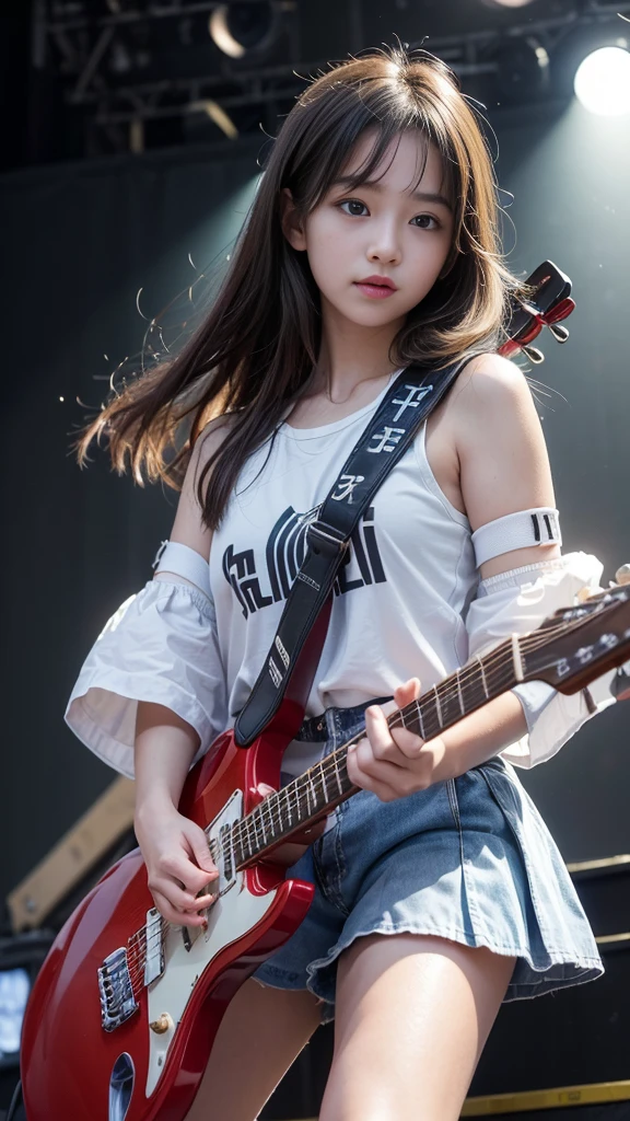 ((Beautiful girl playing electric guitar on stage at school festival:1.2)), (Table Top), (Highest quality, 8K, masterpiece:1.2, RAW Photos), (Realistic:1.2), Japanese, (Innocent face, beautiful girl:1.2, Baby Face:1#39;s face), Stand with your feet apart, Thin thighs, Knee-high, (Sexy Panty Shots:1.4), (Cute tank top and mini pleated skirt:1.2), (Beautiful breasts, Fascinating cleavage), Silky beautiful hair, Short pigtails, ((Detailed eyes and face:1.2, Professional photography techniques, Stage lighting)), (Detailed hands, A girl's small and beautiful hands:1.2), Outdoor Spectators