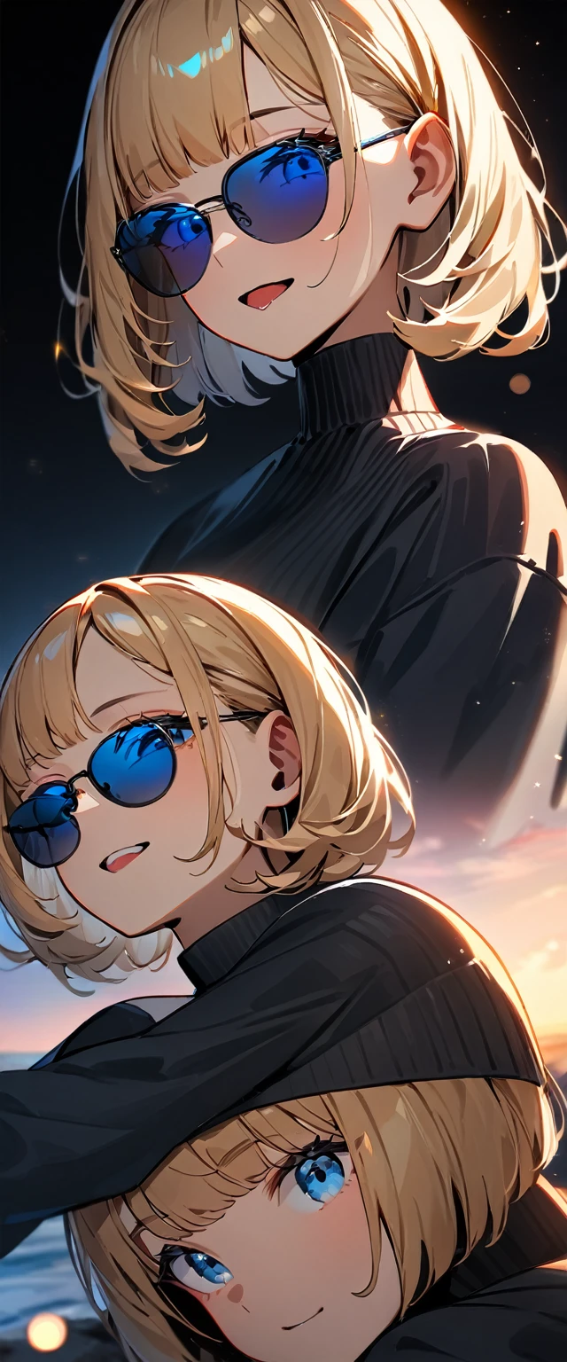 (((One girl))), (((portrait, face))), ((from below)), (((looking down))), ((outward curled hair)), from side:1.3, sea, beach, evening, Sunset, ((Sitting on a cliff)), wavy hair, blond hair, open mouth, tongue out, ((sunglasses, hand to sunglasses)), (bob cut:1.3)), breasts, standard body, (looking at viewer), oversized clothes, puffy long sleeves, collarbone, ((off-shoulder sweater dress:1.3, Quite thick shoulder straps)), (((sleeves past wrists:1.3))), ((black sweater)), teenager, head tilt:1.3, (((blue eye))), ((happy smile)), (((anime style))), (best quality, 4K, 8K, highres, masterpiece:1.2, ultra-detailed, ultra-detailed eyes, HDR, uhd, studio lighting, ultra-fine painting, sharp focus, physically-based rendering, extreme detail description, professional, vivid colors, bokeh), ((Highest quality, Best image quality, Ultra-high resolution, Ultra-high resolution, solo, Strong eye highlights)), Depth of written boundary, Natural soft light, attractive, Beautiful Face, Cleanliness, Pure Face, medium chest, Beautiful Face, Perfect Fingers, Perfect hands, Perfect body, Perfect Face, Shine a light into your eyes, Perfect ???????