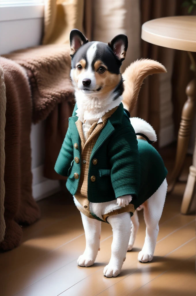 A dressed dog is standing、Facing forward