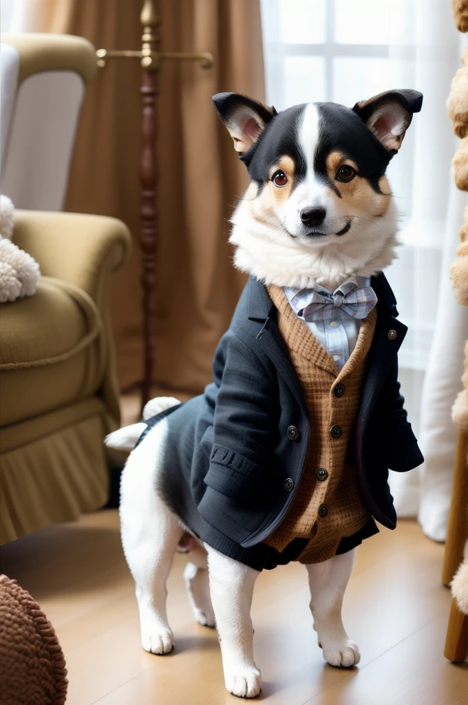 A dressed dog is standing、Facing forward