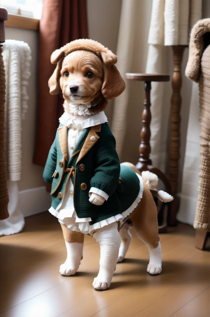 A dressed dog is standing、Facing forward