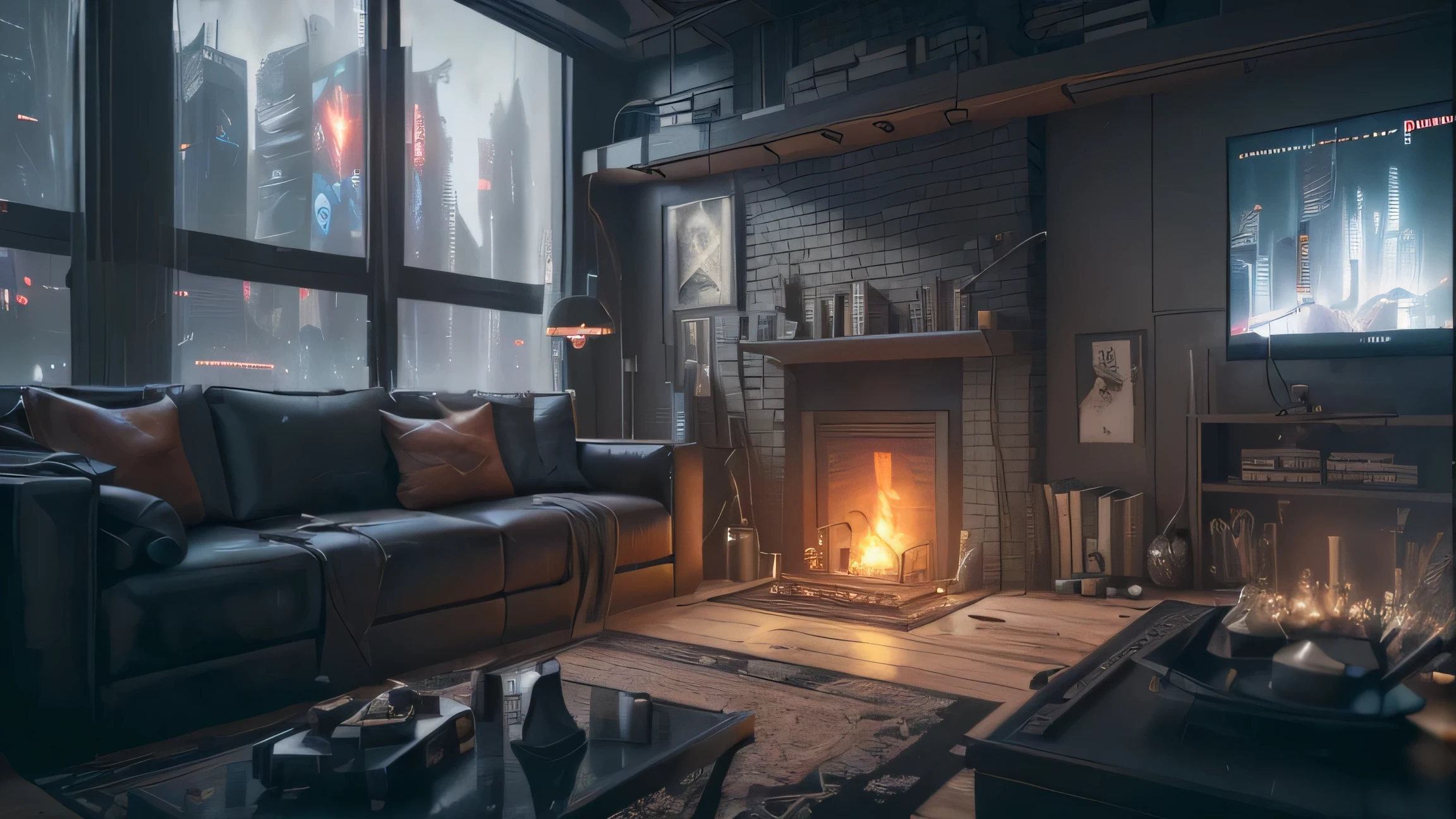 There is a living room with a fireplace and sofa., Dystopia City Apartment, Cyberpunk Apartment, Photorealistic cinematic rendering, Cinematic Rendering Unreal Engine, Detailed cinematic rendering, Unreal Engine Rendering Concept Art, the Cyberpunk Apartment, Unreal Engine realistic rendering, Hyperrealistic Cyberpunk Style, Cozy environment, Photorealistic dark concept art, Realistic Cinematic Lighting, Realistic cinematic shots