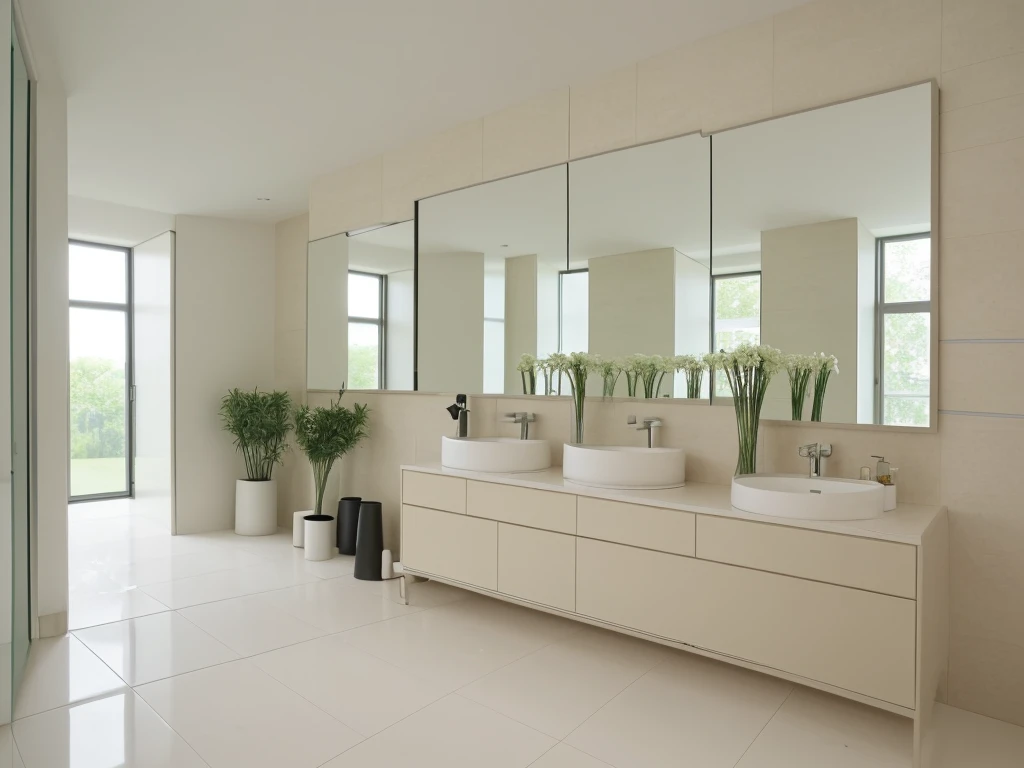 Indoors, the entire room is shot from the front at a 45-degree angle, with light beige tiles lining the walls. Modern luxury bathroom with minimalist design. Featuring a large floating vanity with white top and rectangular sink, dark wood drawers and elegant faucets. A large rectangular backlit mirror spans the wall behind the vanity. There is a freestanding oval bathtub on the light tiled floor to the right. Tall vases with white flowers and green plants were placed around the room. The lighting is warm and atmospheric. Super detailed, authentic, high quality