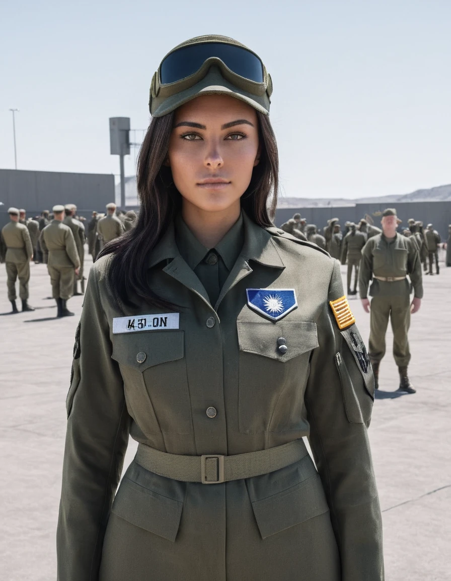 Hyperrealistic art photo of m4d1s0n a woman, wearing a military outfit, looking at viewer, at a military base, . Extremely high-resolution details, photographic, realism pushed to extreme, fine texture, incredibly lifelike