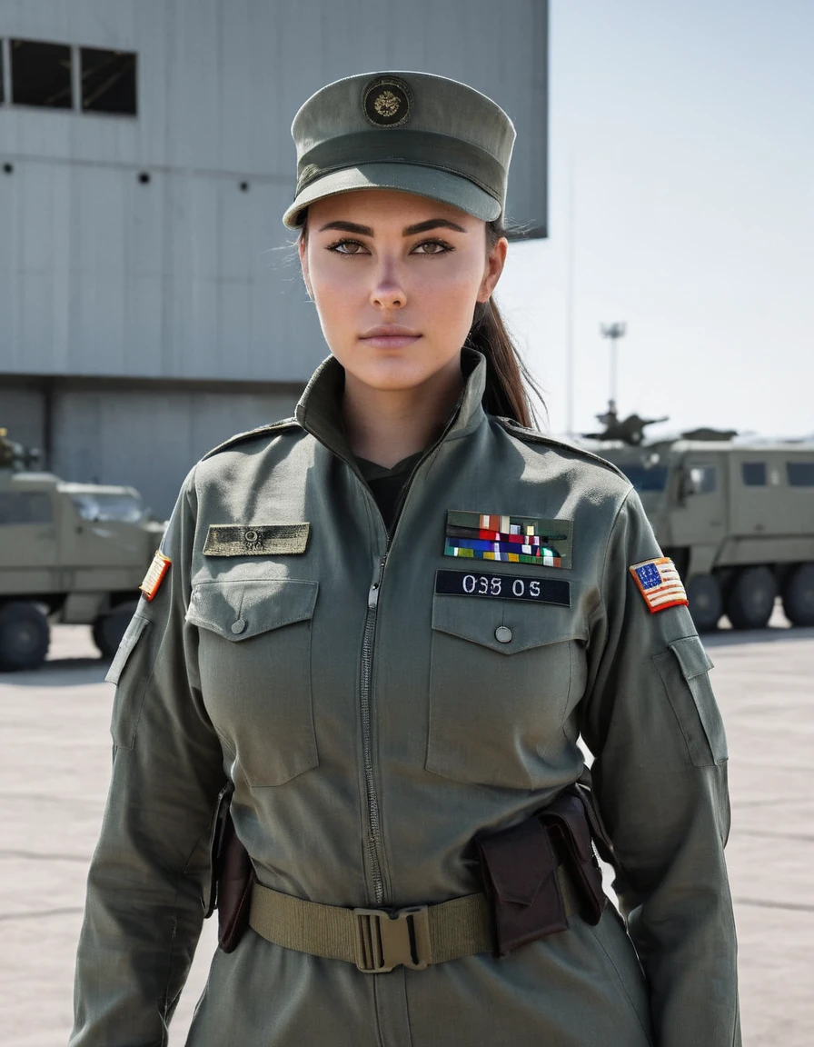 Hyperrealistic art photo of m4d1s0n a woman, wearing a military outfit, looking at viewer, at a military base, . Extremely high-resolution details, photographic, realism pushed to extreme, fine texture, incredibly lifelike