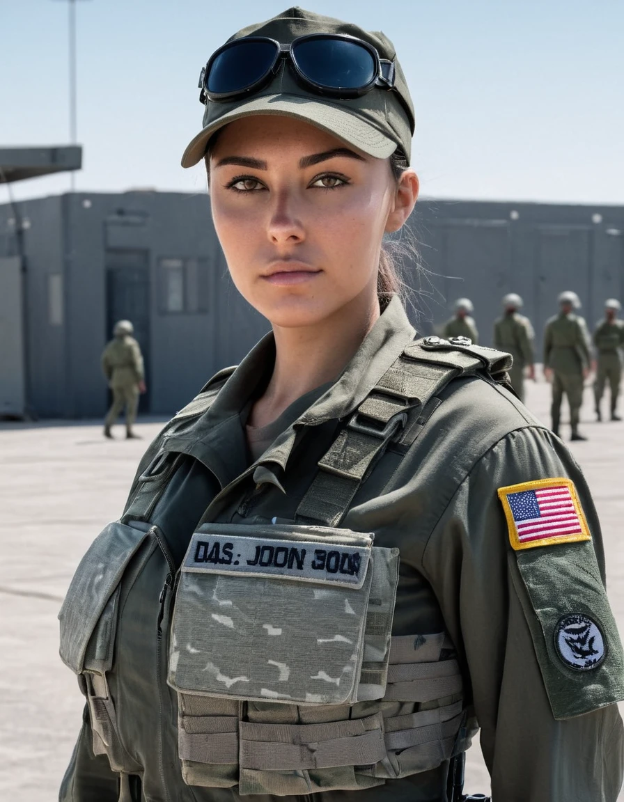 Hyperrealistic art photo of m4d1s0n a woman, wearing a military outfit, looking at viewer, at a military base, . Extremely high-resolution details, photographic, realism pushed to extreme, fine texture, incredibly lifelike