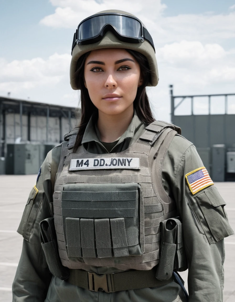 Hyperrealistic art photo of m4d1s0n a woman, wearing a military outfit, looking at viewer, at a military base, . Extremely high-resolution details, photographic, realism pushed to extreme, fine texture, incredibly lifelike