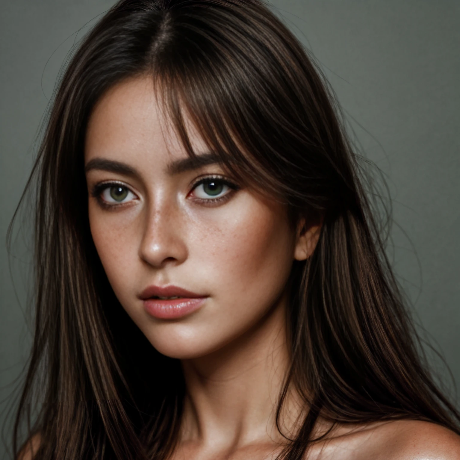 ultra realistic photo portrait of a brown hair woman with straight hair, European, no makeup, few freckles, green/gray eyes, meticulous, detailed, highly detailed, 4k, high resolution, award winning photography