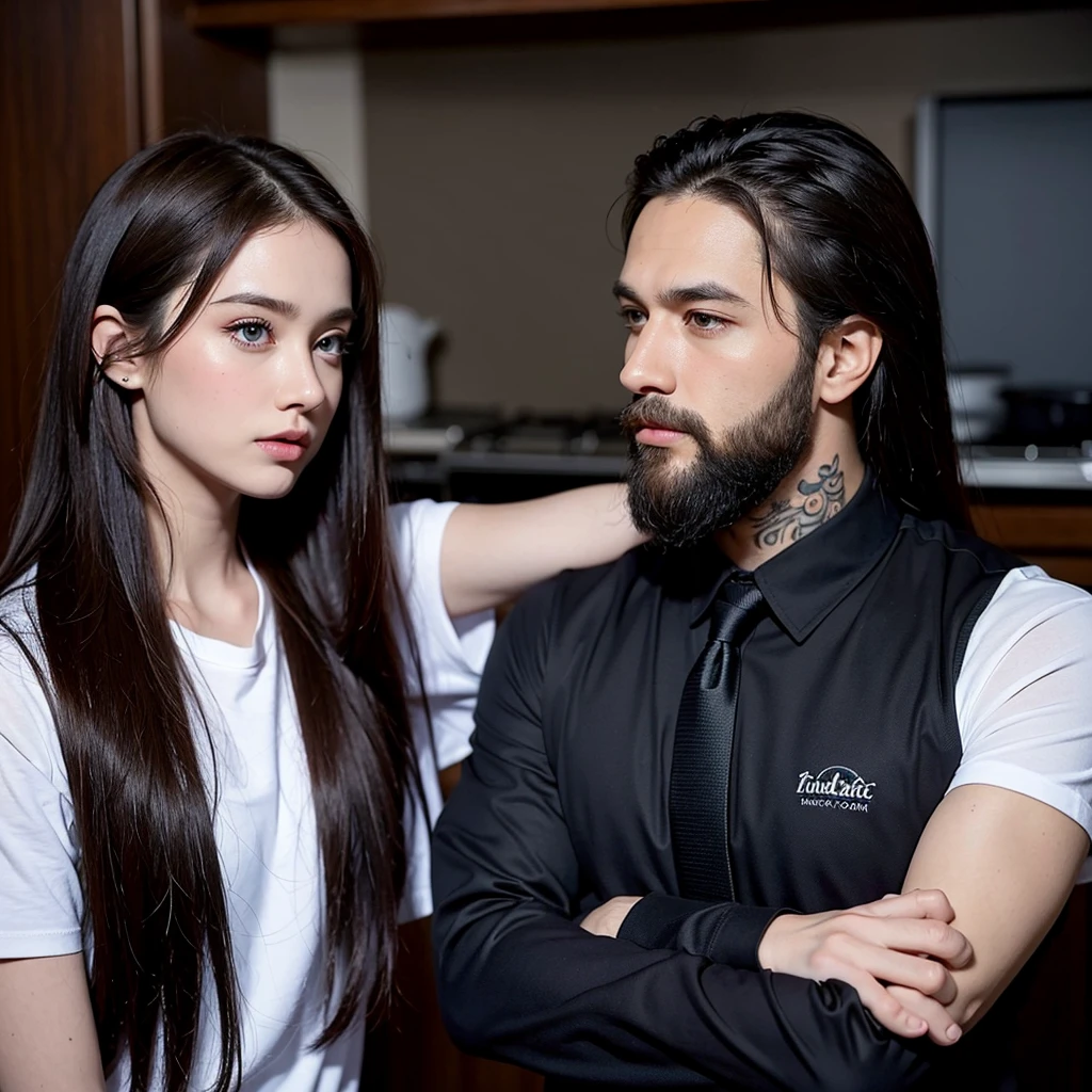 Realistic Disney style Realistic Dark kitchen background Couple looking at each other in profiles, talking,  
Girl has frowning woman, pretty girl with long straightened black hair, blue eyes, white t-shirt tall athletic muscular man light brown hair, thick beard, combed back, elegant black buttoned elbow length shirt, black tie, square-jawed handsome man, Brown eyes, tattoos on arms