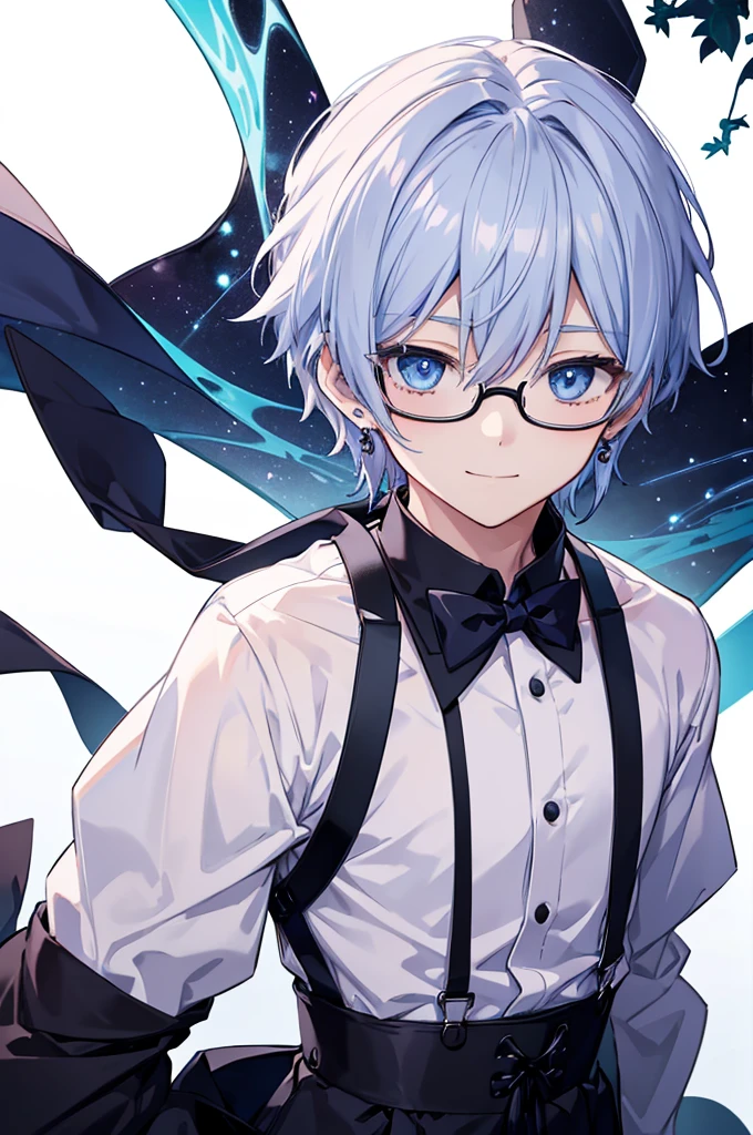 White background、Japan anime illustrations、Adult male、Anime Male、Indigo Hair、Blue eyes like the night sky、Men with gentle expressions、Wearing thin glasses、Small earrings、Black dress shirt、suspenderan standing and smiling、