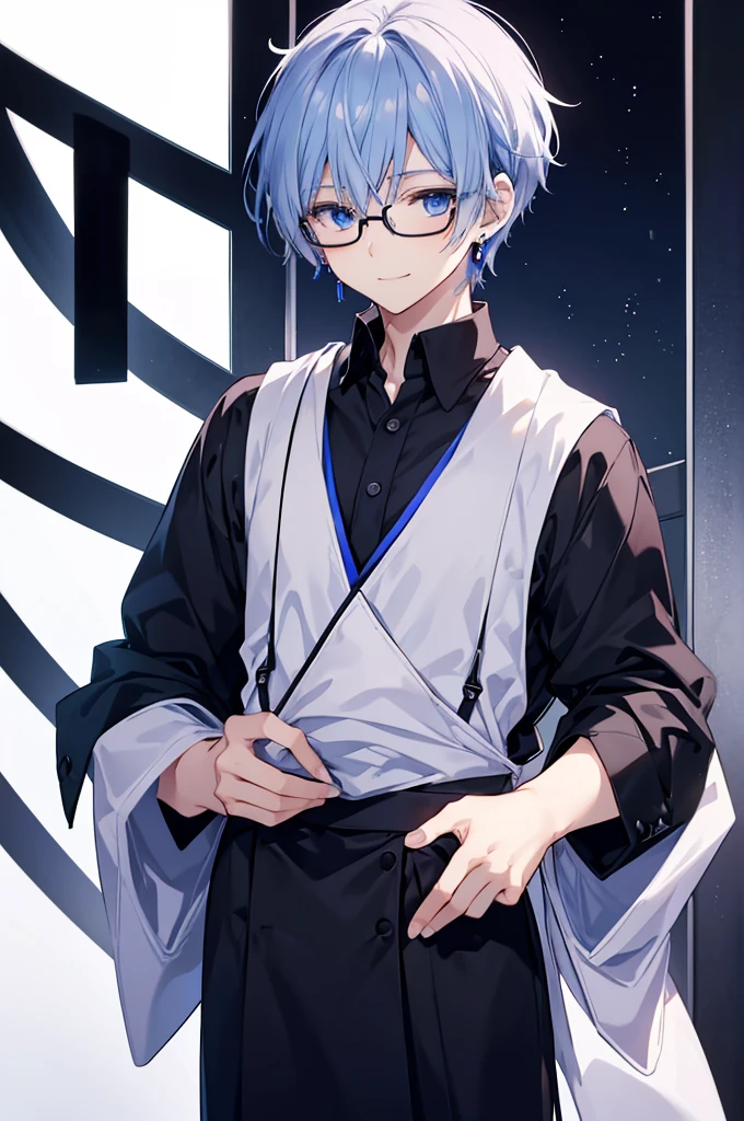 White background、Japan anime illustrations、Adult male、Anime Male、Indigo Hair、Blue eyes like the night sky、Men with gentle expressions、Wearing thin glasses、Small earrings、Black dress shirt、suspenderan standing and smiling、