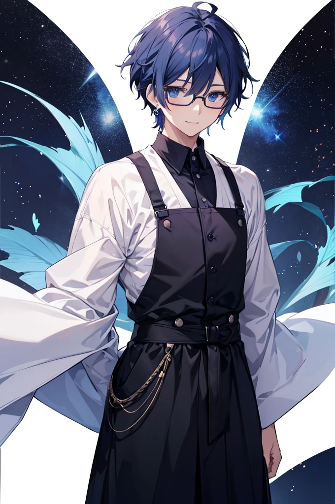 White background、Japan anime illustrations、Adult male、Anime Male、Indigo Hair、Blue eyes like the night sky、Men with gentle expressions、Wearing thin glasses、Small earrings、Black dress shirt、suspenderan standing and smiling、