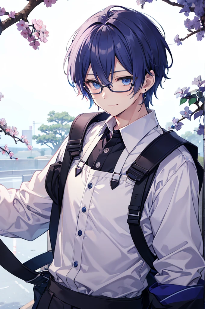 White background、Japan anime illustrations、Adult male、Anime Male、Indigo Hair、Blue eyes like the night sky、Men with gentle expressions、Wearing thin glasses、Small earrings、Black dress shirt、suspenderan standing and smiling、