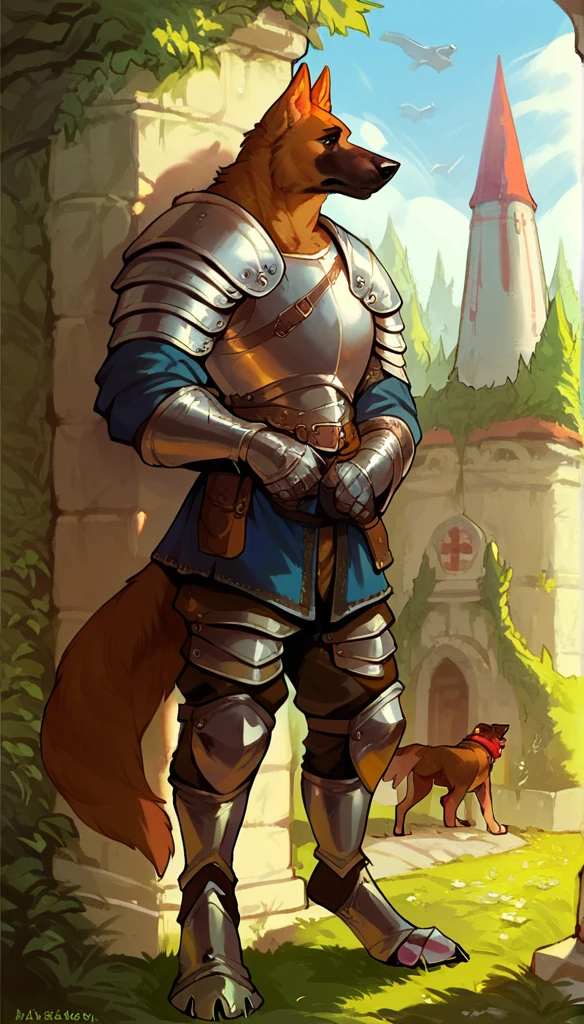 score_9, score_8_up, score_7_up, score_6_up, score_5_up, score_4_up,
(Dog), solo, male, (athletic, anthro, brown fur, tail), full body, medieval, (sentinel, wearing sentinel leather armor), temple background