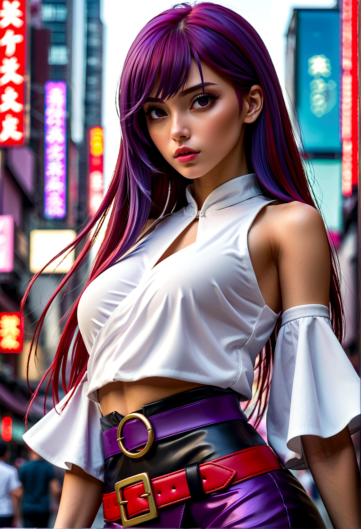 1 Girl, Bangs, Weaving, Wide sleeves, Hair accessories, Japanese clothes, Red belt, (Purple Hair:1.2), Very long hair, Straight Hair, looking at the audience, Very detailed background, (Photo-realistic:1.2), delicate eyes, Red Eyeshadow, Depth of Field,thigh, (Urzan-6500:0.7), Upper Body, (Solitary:1.2), (Cyberpunk City:1.1), cleveage, (Finger on lips:1.1),shiny skin
