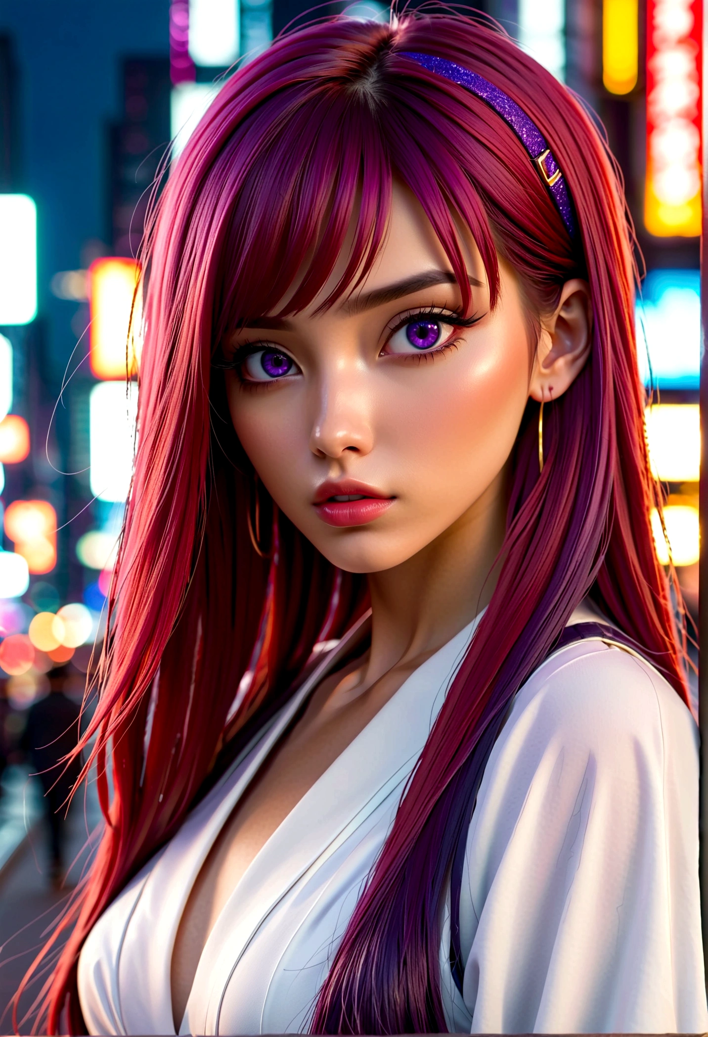 1 Girl, Bangs, Weaving, Wide sleeves, Hair accessories, Japanese clothes, Red belt, (Purple Hair:1.2), Very long hair, Straight Hair, looking at the audience, Very detailed background, (Photo-realistic:1.2), delicate eyes, Red Eyeshadow, Depth of Field,thigh, (Urzan-6500:0.7), Upper Body, (Solitary:1.2), (Cyberpunk City:1.1), cleveage, (Finger on lips:1.1),shiny skin