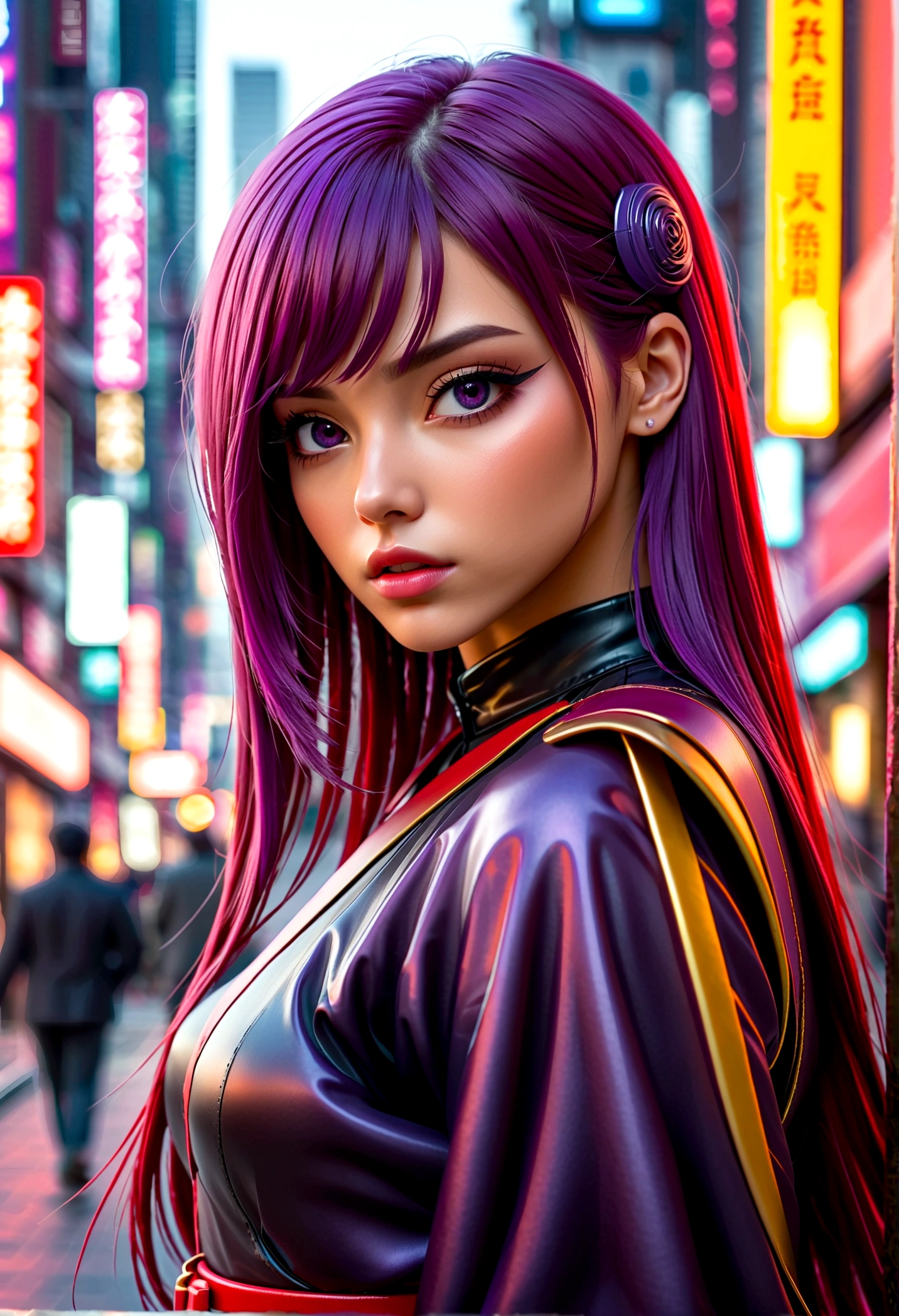 1 Girl, Bangs, Weaving, Wide sleeves, Hair accessories, Japanese clothes, Red belt, (Purple Hair:1.2), Very long hair, Straight Hair, looking at the audience, Very detailed background, (Photo-realistic:1.2), delicate eyes, Red Eyeshadow, Depth of Field,thigh, (Urzan-6500:0.7), Upper Body, (Solitary:1.2), (Cyberpunk City:1.1), cleveage, (Finger on lips:1.1),shiny skin