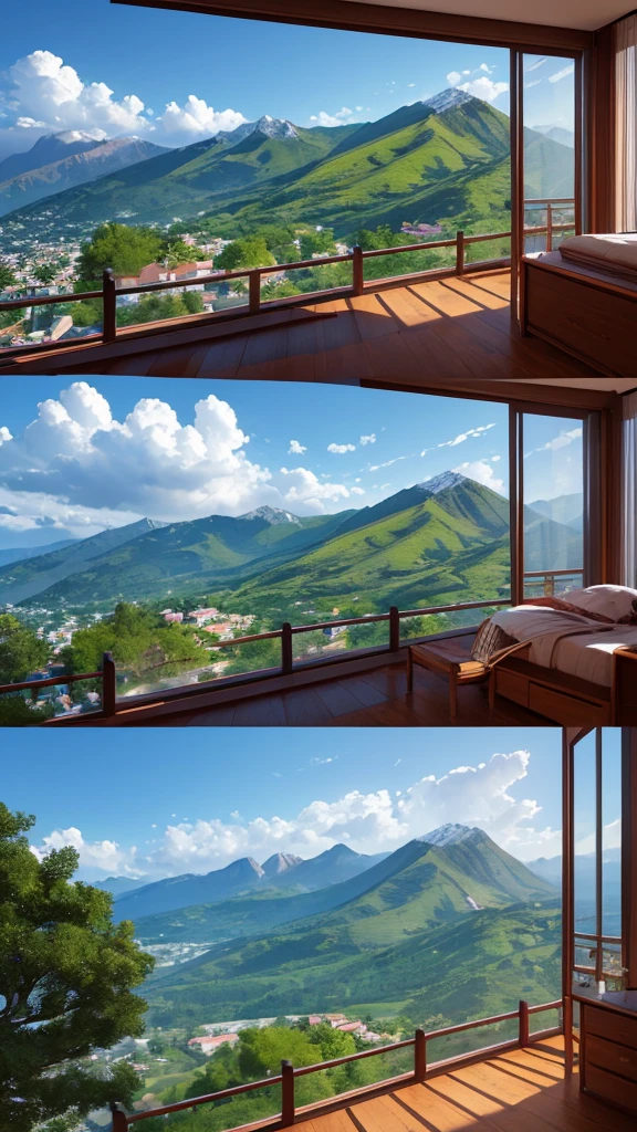 (masterpiece,Highest quality:8K) Affordable bedroom with mountain views and balcony, Beautiful views, A soothing and comfortable landscape, Detailed view, Instagram photos Nice views, beautifully、aesthetic, Beautiful nature in the background, Amazing scenery in the background, 8K Photorender Reality Engine, Beautiful views, Overlooking the valley, Nice views, beautiful place, paradise in the background 1 photo style