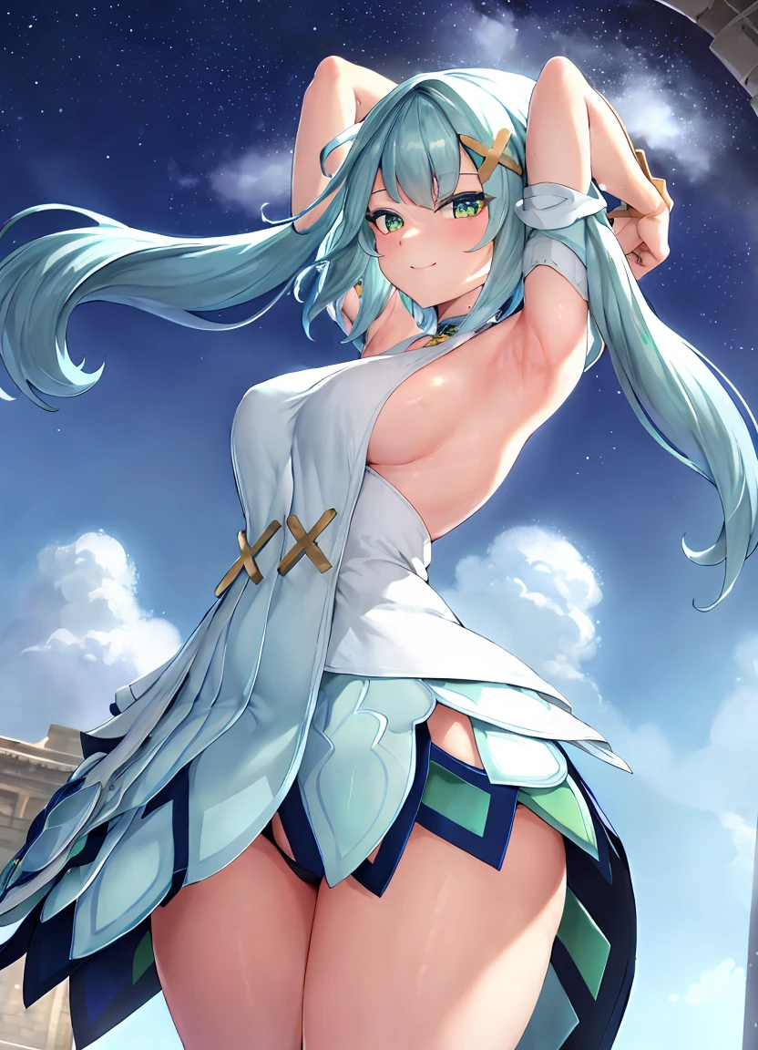 faruzandef, full body, high detailed face, high detailed dress, smile, looking at viewer, armpits, arms up, standing up, dynamic pose, medium breasts, side breasts, sexy, perfect round ass, sunny ancient ruins.