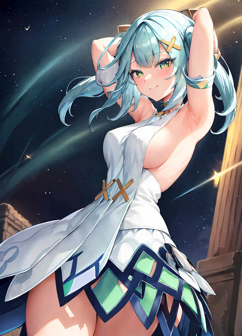 faruzandef, full body, high detailed face, high detailed dress, smile, looking at viewer, armpits, arms up, standing up, dynamic pose, medium breasts, side breasts, sexy, perfect round ass, sunny ancient ruins.