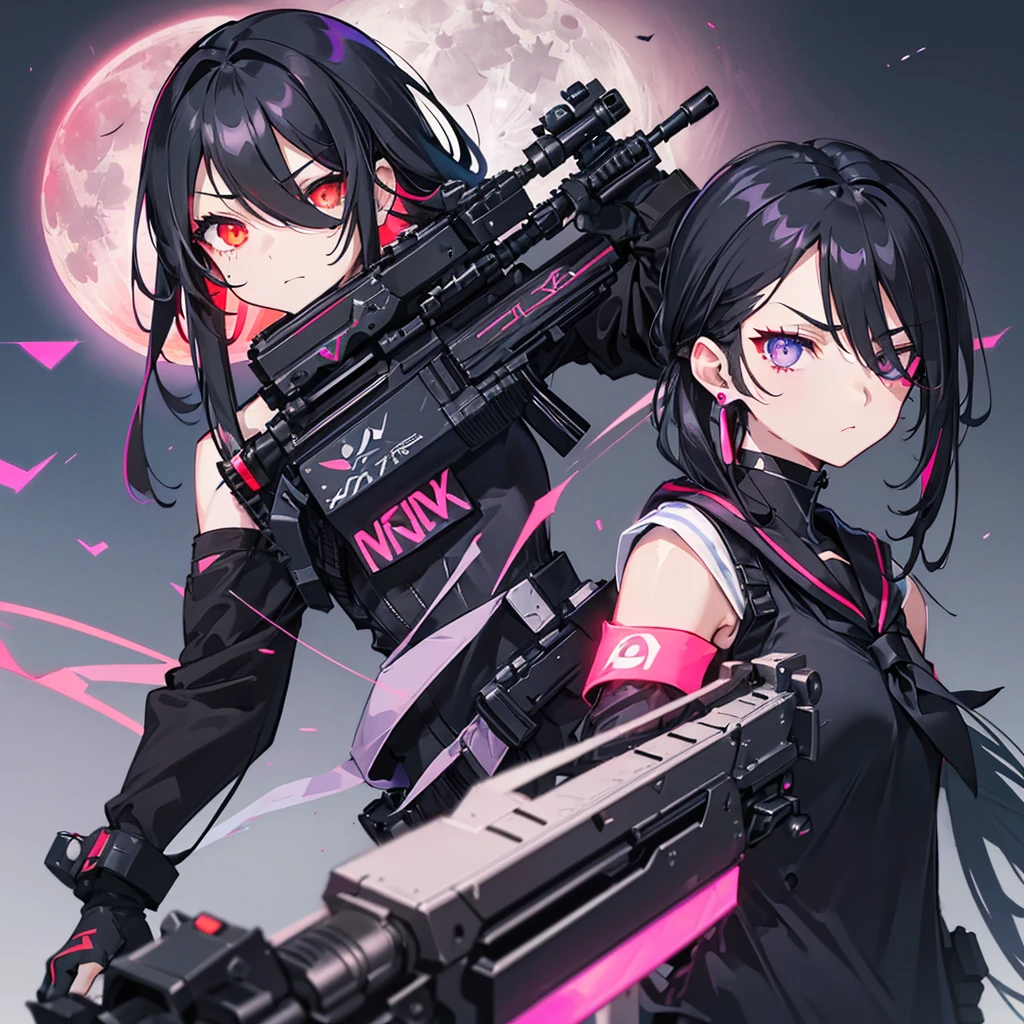 ((Black Hair　Long Hair　sniper rifle　Close one eye)，((Crow　night　Red full moon))，(rooftop　Drop shoulder　Sailor suit　cyber punk　Shiny Earrings　Neon Pink　Neon Blue　purple)，　Jetpack　Sweat　A tense look　Also々funny Face　Headphones