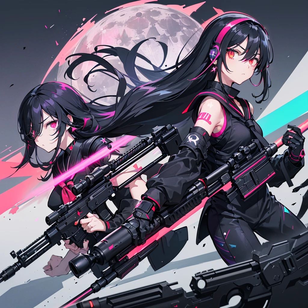 ((Black Hair Long Hair sniper rifle Close one eye),((Crow night Red full moon)),(rooftop Drop shoulder Sailor suit cyber punk Shiny Earrings Neon Pink Neon Blue purple), Jetpack Sweat A tense look Also々funny Face Headphones