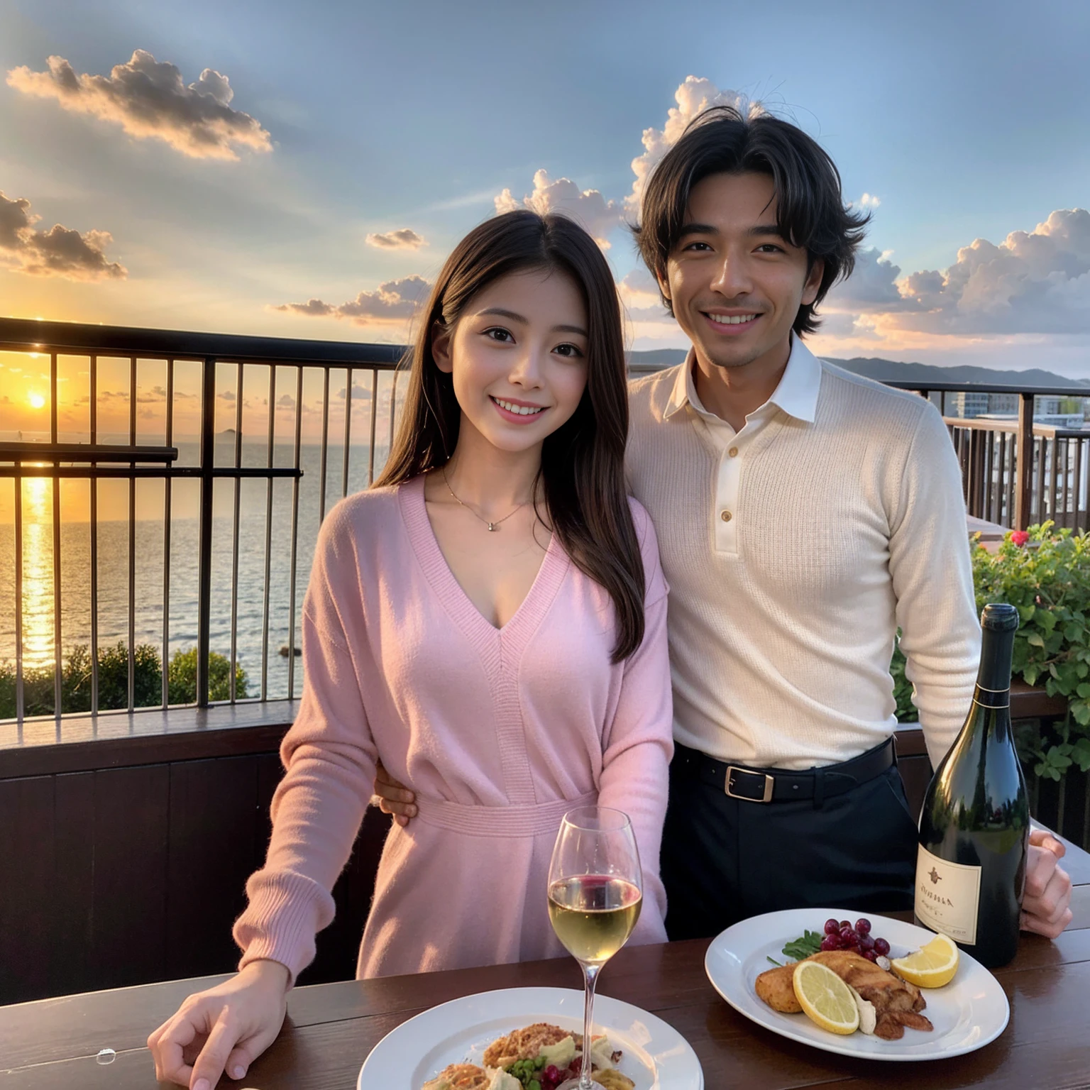 ((Highest quality、8K、masterpiece:1.3))、1 male 1 female、Satomi Ishihara、 years old、Pink Couple、smile、 (Slim face), (the body is スリム), (Brown Hair), (Shortcuts), テーブルのフルコースディナーとwine glass、Amazing view of the sunset sky and clouds、smileの美しさ、Wine bottle、sparkling wine、Long sleeve shirt、dress、White wine, red wine, wine glass,