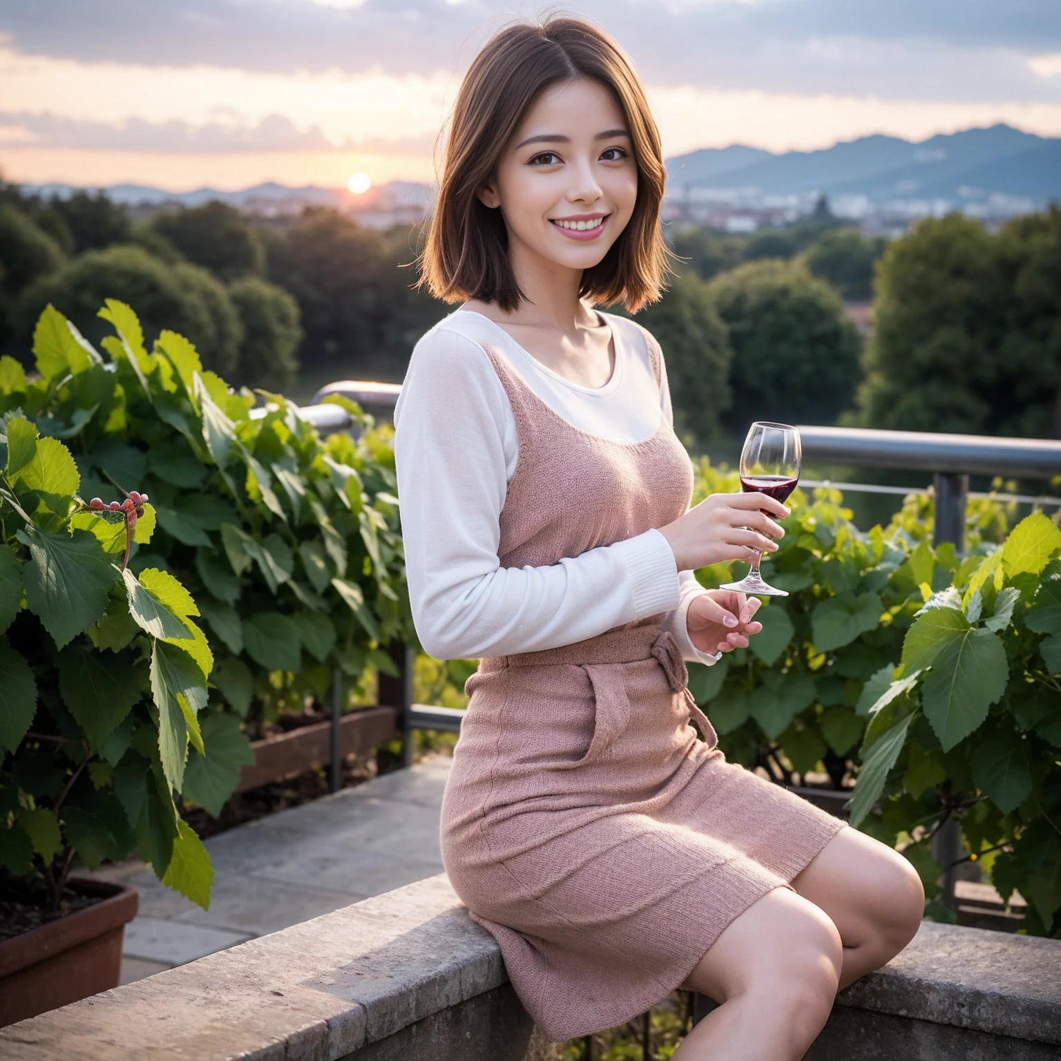 ((Highest quality、8K、masterpiece:1.3))、1 male 1 female、Satomi Ishihara、 years old、Pink Couple、smile、 (Slim face), (the body is スリム), (Brown Hair), (Shortcuts), テーブルのフルコースディナーとwine glass、Amazing view of the sunset sky and clouds、smileの美しさ、Wine bottle、sparkling wine、Long sleeve shirt、dress、White wine, red wine, wine glass, 