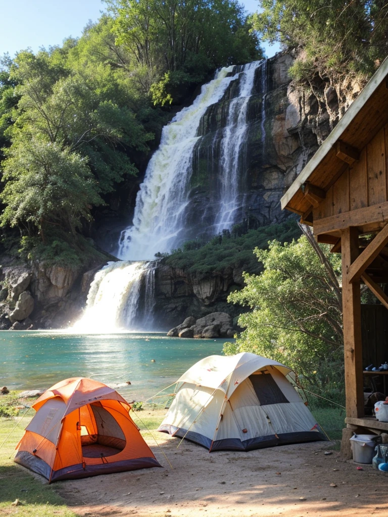 survival camping Happiness tools and a tent in background, next to the Lake and waterfall, sunset, bird flying