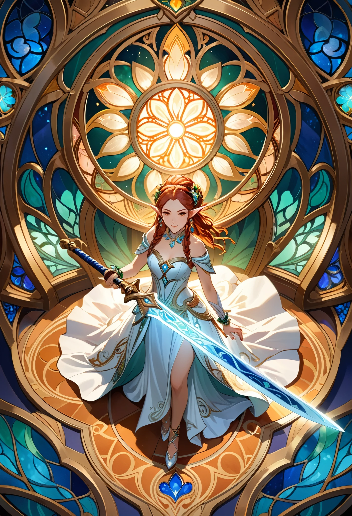 (((Overhead View))), ),full body, telephoto lens, abstract background, masterpiece, best quality, official art, extremely detailed CG unity 8k wallpaper, highly detailed, female, elf, hair over shoulder, dreadlocks, ribbon, bracelet, drop earrings, jewelry, wedding dress, holding (((((glowing greatsword)))), theater, stain glass, genshin impact, illustration, ((art nouveau))