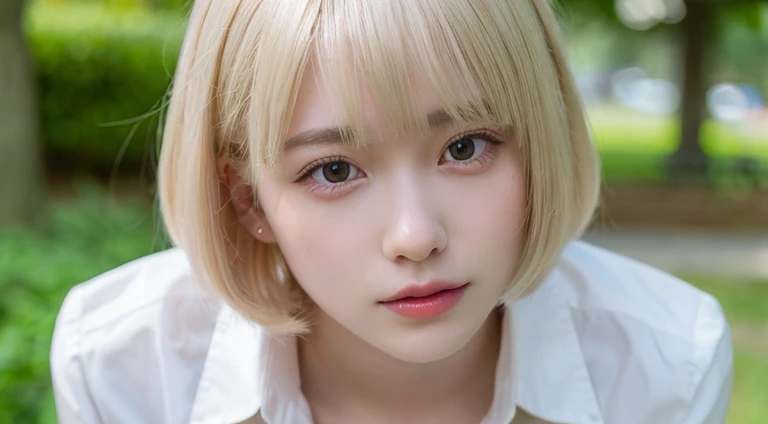 (Bob Cut Hair, Platinum Blonde Hair:1.2),(Wearing school uniform:1.2),1 girl,Japanese,21 years old,(Small breasts:1.3),(Highest quality,masterpiece:1.3,超A high resolution,),(Ultra-detailed,Caustics),(Photorealistic:1.4,RAW shooting,)Ultra-Realistic Capture,Very detailed,High resolution 16K human skin close-up。 Natural skin texture、,Pores、、It needs to be detailed enough to be easily identifiable。 Skin should be even-toned and healthy looking。 Use natural light and colour, Sad expression, Looking at the camera, Perfect dynamic composition, Outdoor