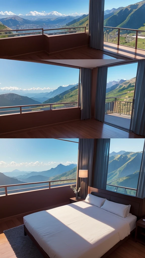 (masterpiece,Highest quality:8K) Affordable bedroom with mountain views and balcony, Beautiful views, A soothing and comfortable landscape, Detailed view, Instagram photos Nice views, beautifully、aesthetic, Beautiful nature in the background, Amazing scenery in the background, 8K Photorender Reality Engine, Beautiful views, Overlooking the valley, Nice views, beautiful place, paradise in the background 1 photo style