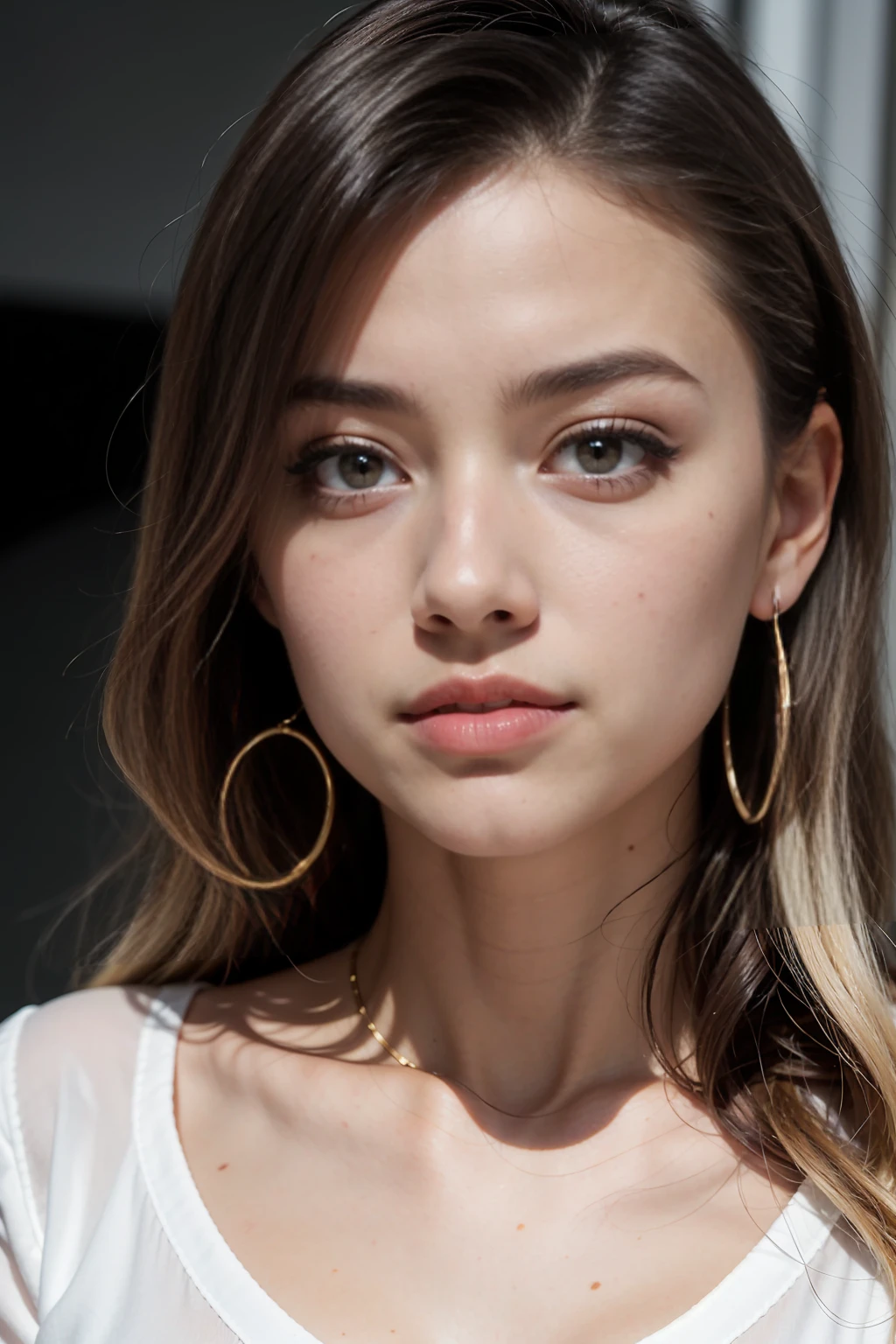 A young 19-year-old woman named Lila Nakamura with a mixed Japanese and Northern European heritage. She has thick dark black eyeliner, glossy lips, and a neutral to slight smile expression. She has straight, blonde hair that falls just past her shoulders, styled in a neat and polished manner. Her eyes are almond-shaped with a striking blue color, accentuated by subtle eyeshadow and mascara. Her skin has a light tone with a natural, fresh look, and she has a few delicate freckles across her nose. She is wearing a simple, professional outfit, consisting of a white blouse and dark jeans, and accessorized with small gold hoop earrings. The background is a neutral studio setting with soft lighting to highlight her features.
