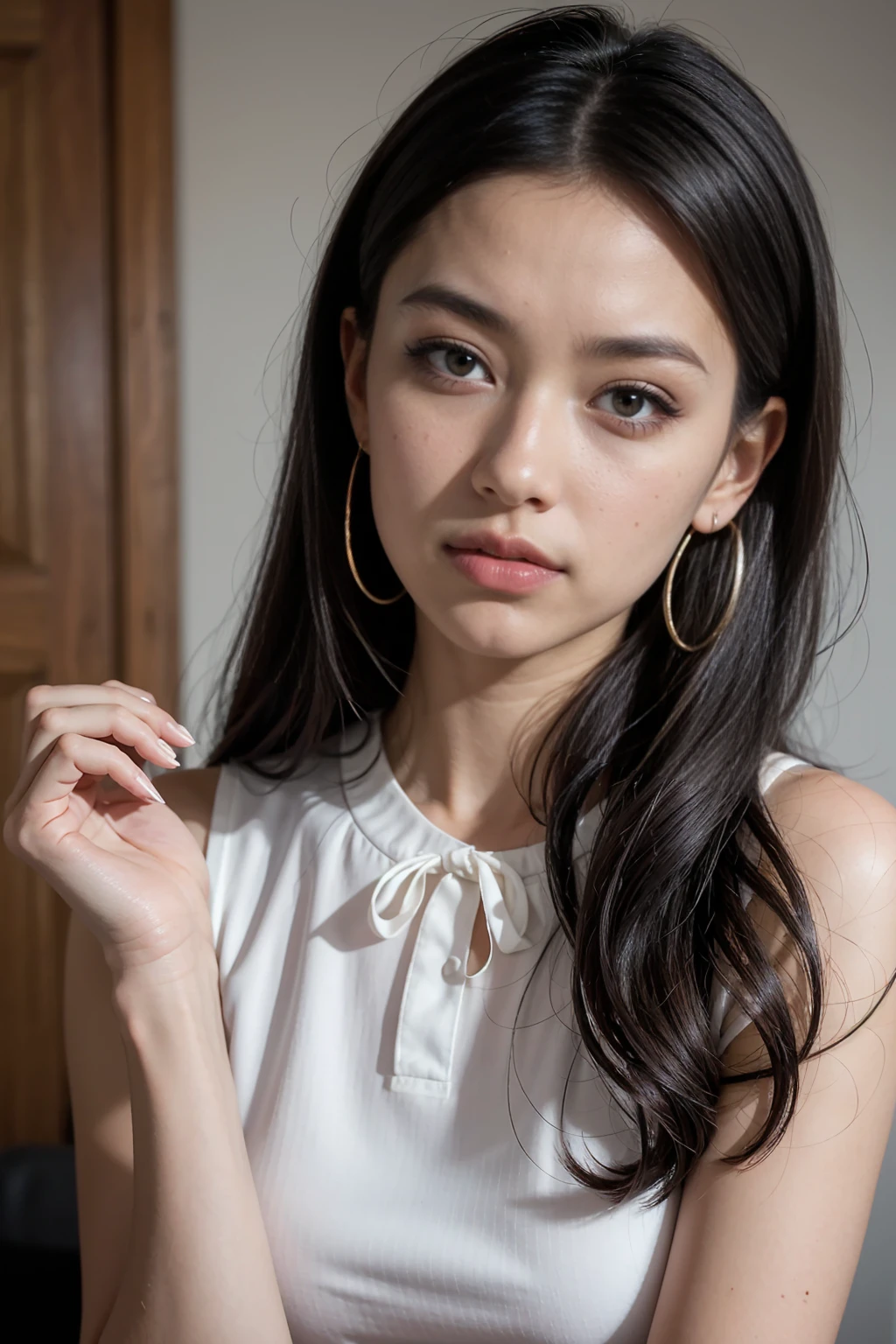 A young 19-year-old woman named Lila Nakamura with a mixed Japanese and Northern European heritage. She has thick dark black eyeliner, glossy lips, and a neutral to slight smile expression. She has straight, blonde hair that falls just past her shoulders, styled in a neat and polished manner. Her eyes are almond-shaped with a striking blue color, accentuated by subtle eyeshadow and mascara. Her skin has a light tone with a natural, fresh look, and she has a few delicate freckles across her nose. She is wearing a simple, professional outfit, consisting of a white blouse and dark jeans, and accessorized with small gold hoop earrings. The background is a neutral studio setting with soft lighting to highlight her features.