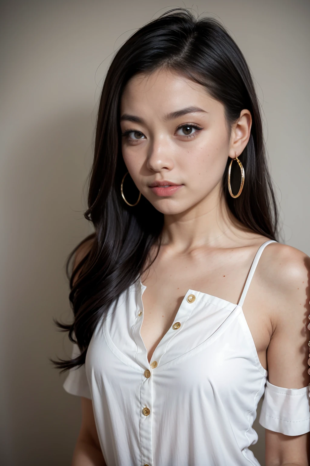 A young 19-year-old woman named Lila Nakamura with a mixed Japanese and Northern European heritage. She has thick dark black eyeliner, glossy lips, and a neutral to slight smile expression. She has straight, blonde hair that falls just past her shoulders, styled in a neat and polished manner. Her eyes are almond-shaped with a striking blue color, accentuated by subtle eyeshadow and mascara. Her skin has a light tone with a natural, fresh look, and she has a few delicate freckles across her nose. She is wearing a simple, professional outfit, consisting of a white blouse and dark jeans, and accessorized with small gold hoop earrings. The background is a neutral studio setting with soft lighting to highlight her features.