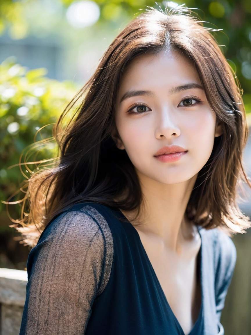(best quality,4k,8k,highres,masterpiece:1.2),ultra-detailed,(realistic,photorealistic,photo-realistic:1.37),half body shot,beautiful detailed eyes,beautiful detailed lips,green eyes,photography,professional,vivid colors,portrait,brunette hair, natural long hair,28 years old, navy blue indoor background, artistic composition,soft lighting, wear kebaya, closed mouth, no teeth showing, real textured skin, body straight face to camera, lively eyes